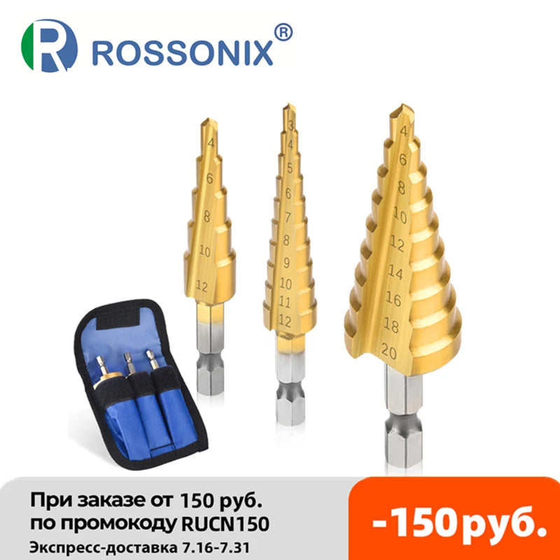 3-Piece HSS Step Drill Bit Set with Titanium Coating - Ideal for Wood and Metal