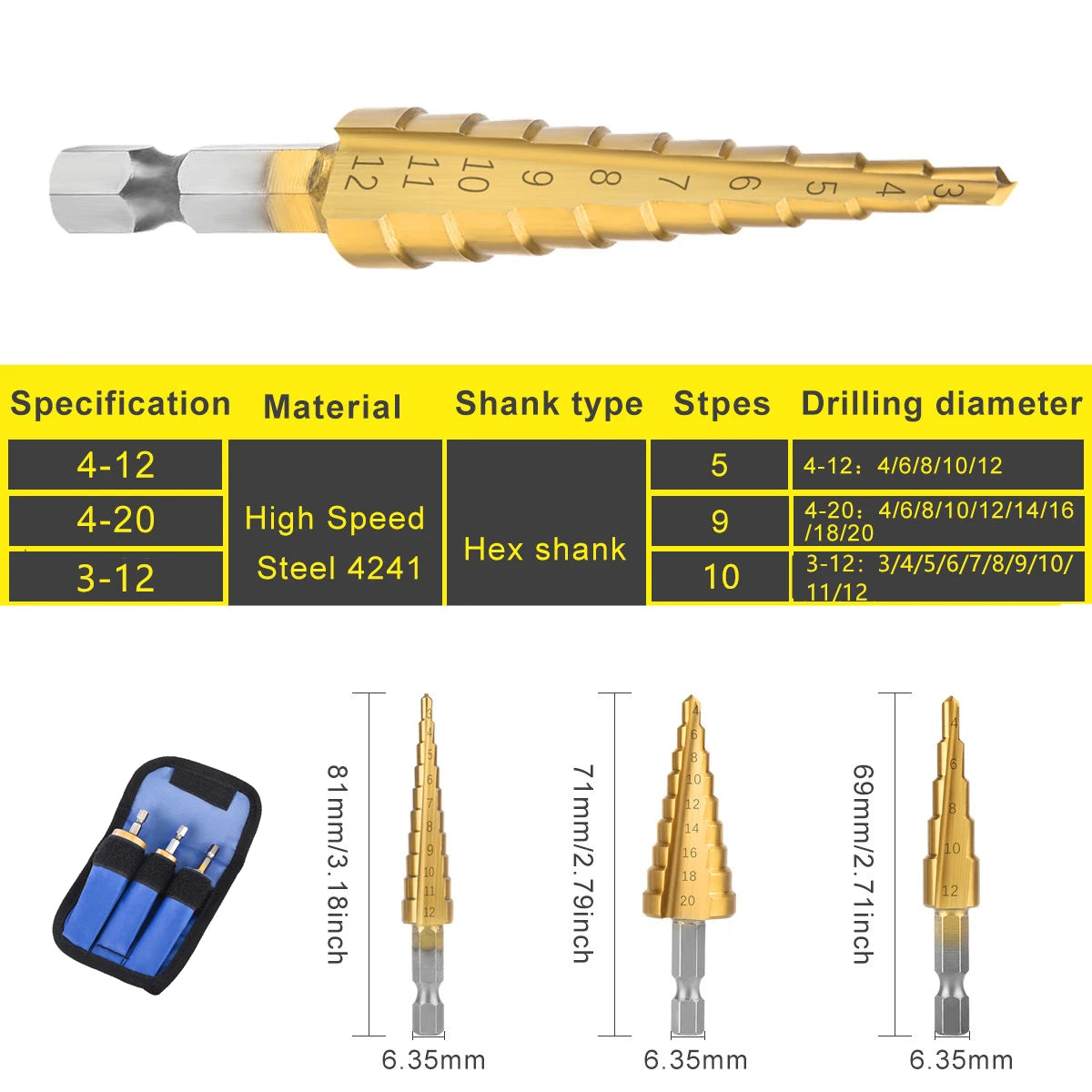 3-Piece HSS Step Drill Bit Set with Titanium Coating - Ideal for Wood and Metal